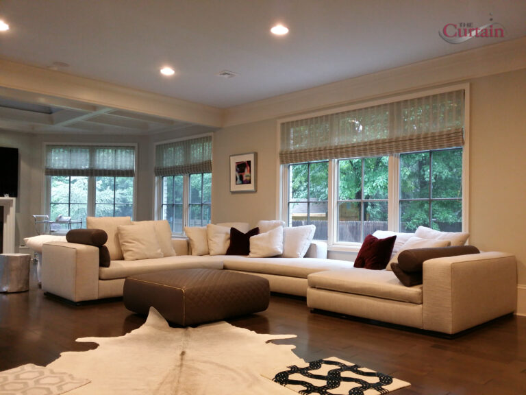 Wood blinds measured and fitted for a Bergen County living room in a bay window