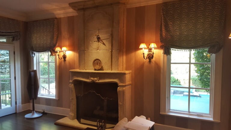 Roman shades in a living room in a Bergen County home