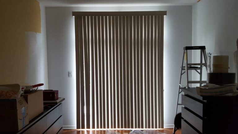 Custom vertical blinds fitted in a living room in Bergen County, NJ