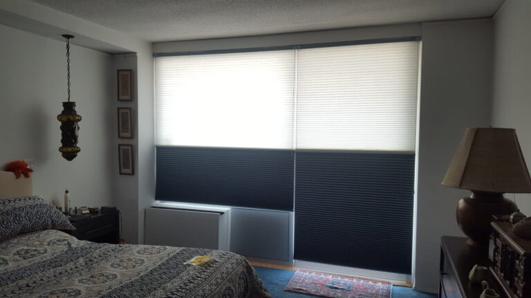 Custom cellular honeycomb shades fitted in a living room in Bergen County, NJ