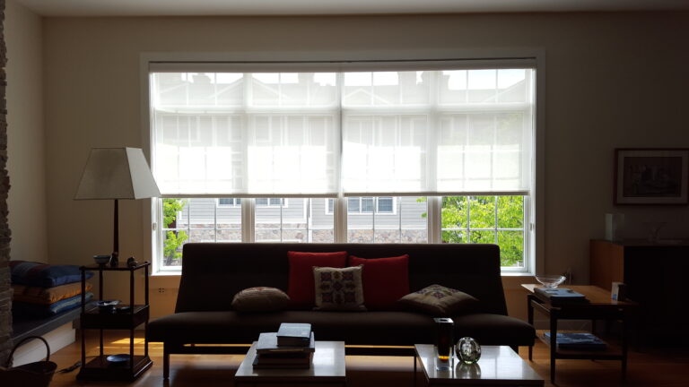 Roller shades measured and fitted for a Bergen County living room
