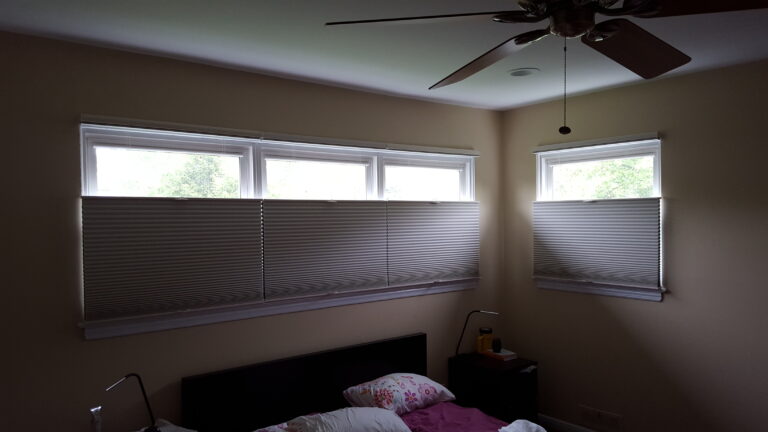 Duette Reception room-darkening honeycomb shades in Capri blue