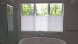 cellular honeycomb shades in a Tri-State living room across floor-to-ceiling windows, made to measure
