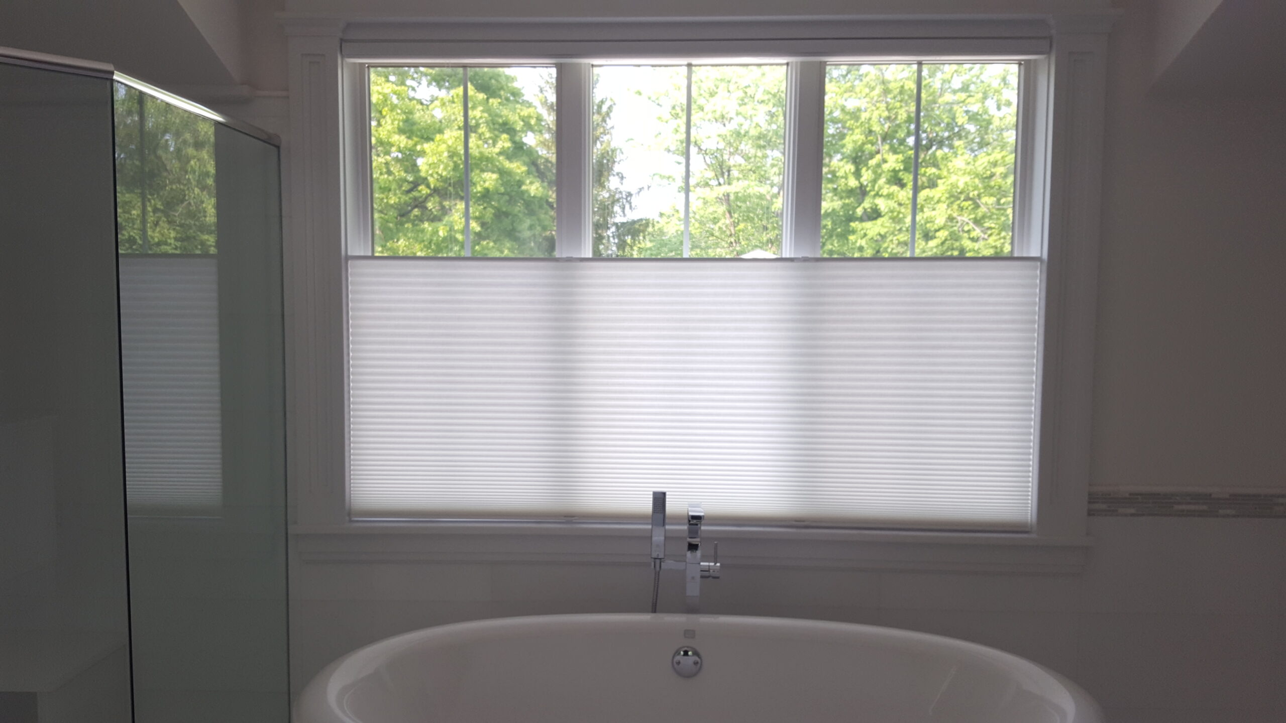 Duette Élan honeycomb shades in Daisy White on tall living room windows
