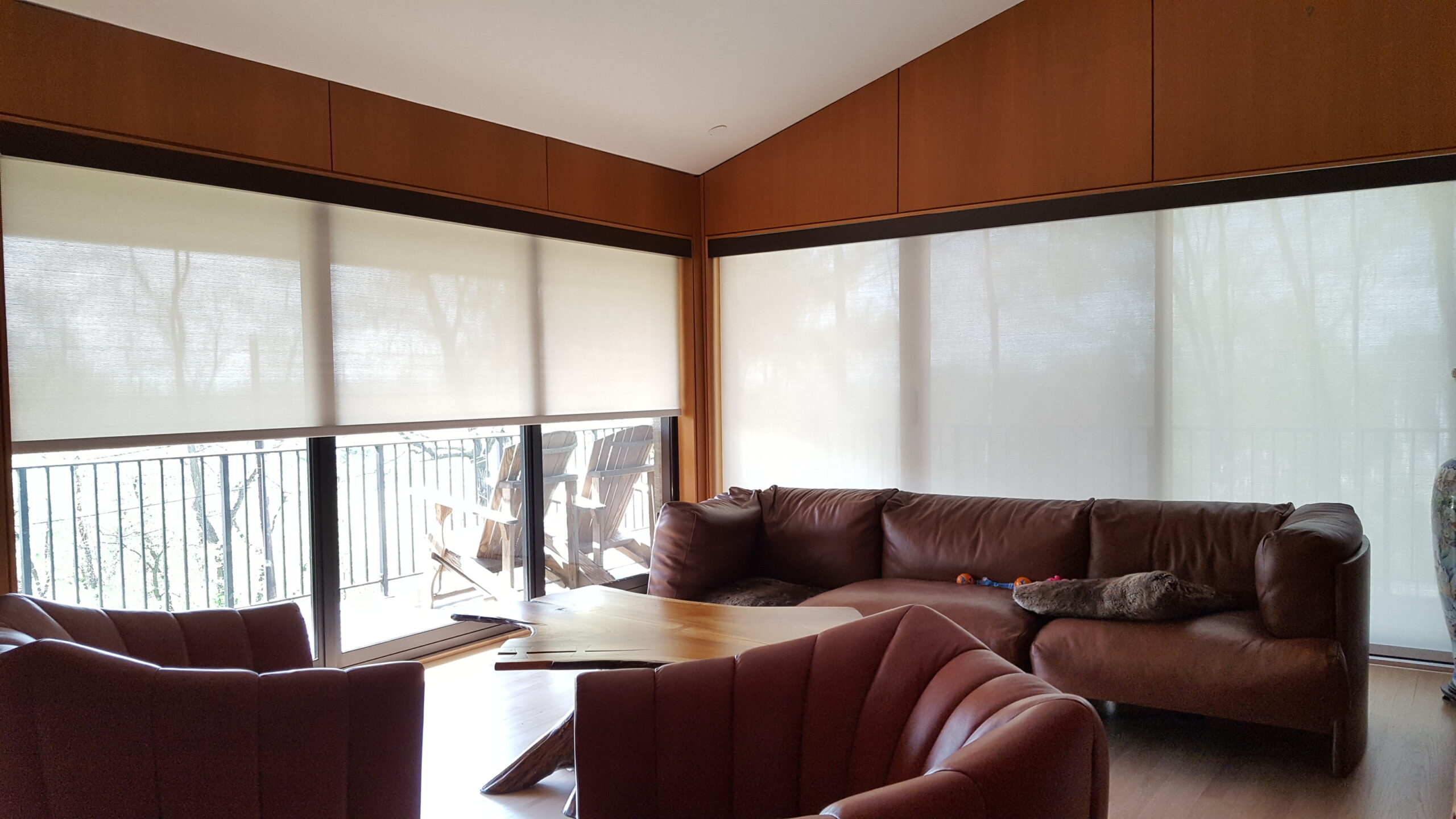 Roller shades installed in a New Jersey living room on a sliding glass door