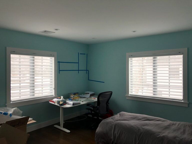 Zebra shades on two bedroom windows against a teal wall