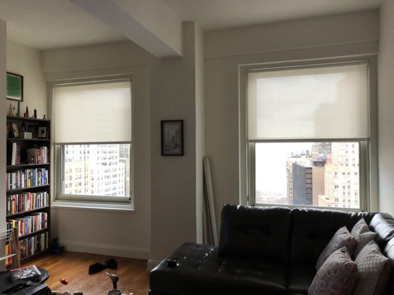 Roller shades measured and fitted for a Bergen County living room