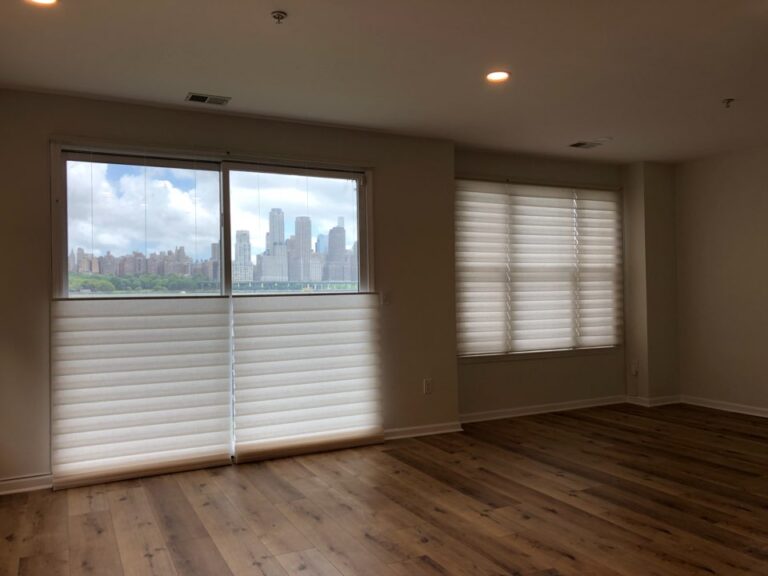 Custom roman shades fitted in a living room in Bergen County, NJ