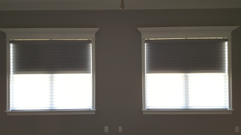 Sheer shades on two matching windows with white craftsman casing and head trim in an unfurnished room with greige walls