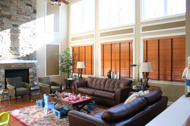 Wood blinds installed in a New Jersey living room
