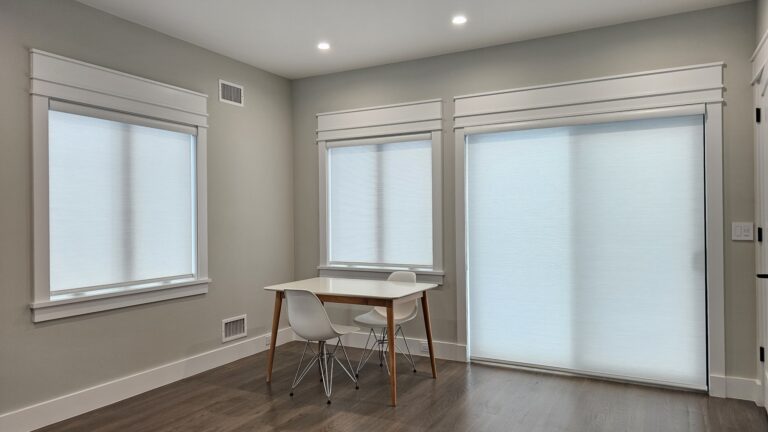 roller shades in a Tri-State living room on a sliding glass door, made to measure