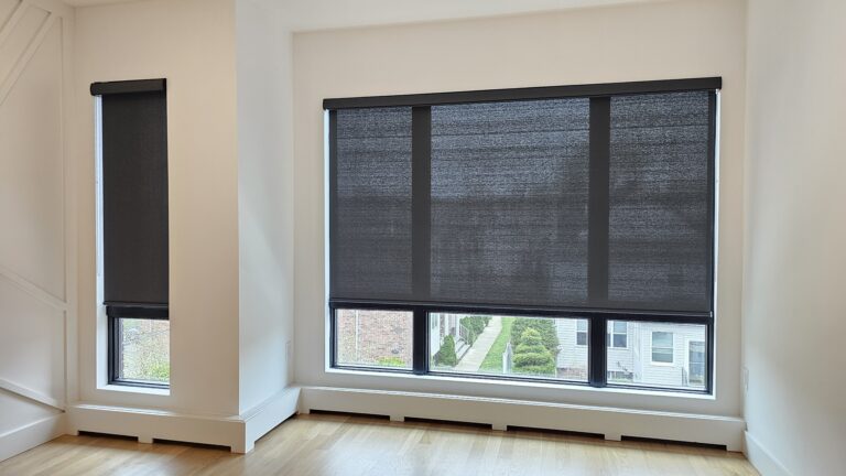 Sheer zebra shades in a living room in a Bergen County home