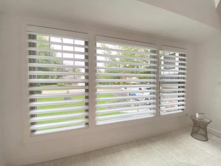 Sheer zebra shades in a living room in a Bergen County home