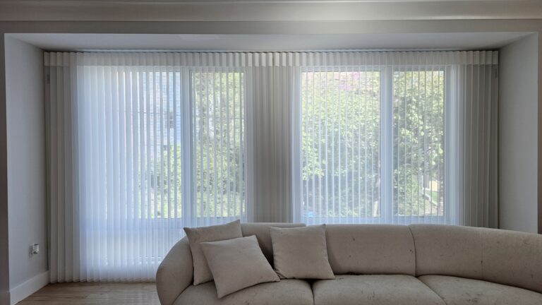 Sheer shadings measured and fitted for a Bergen County living room in a bay window