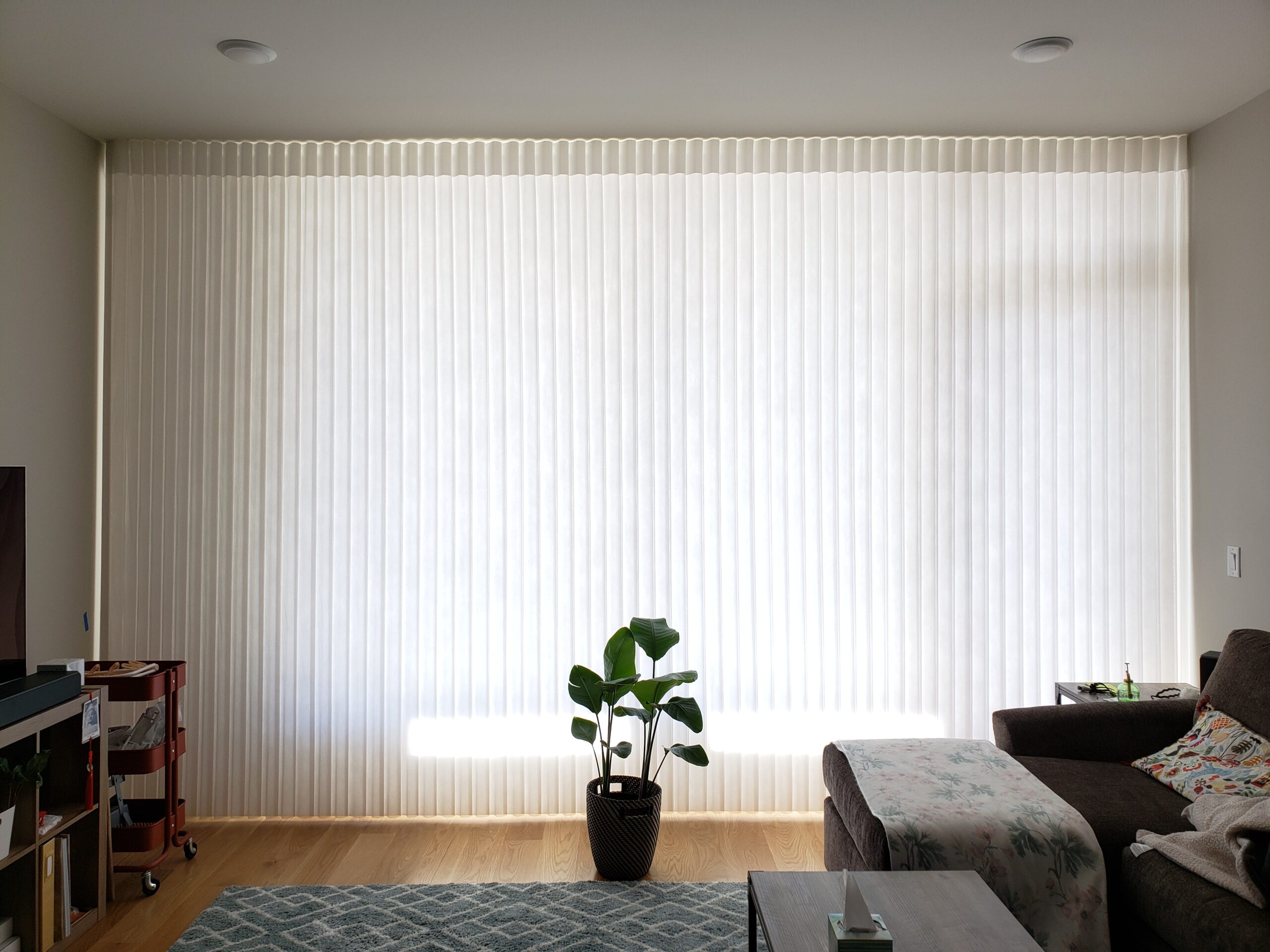 Vertical sheer panels across a wide living room window wall