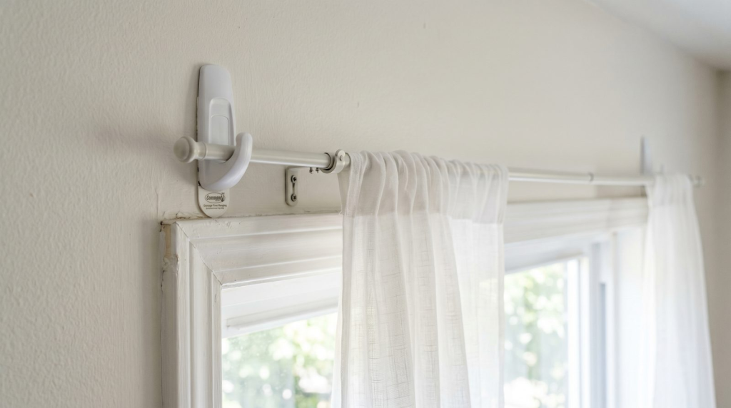 White adhesive wall hooks holding a slim curtain rod above a window in a bright apartment