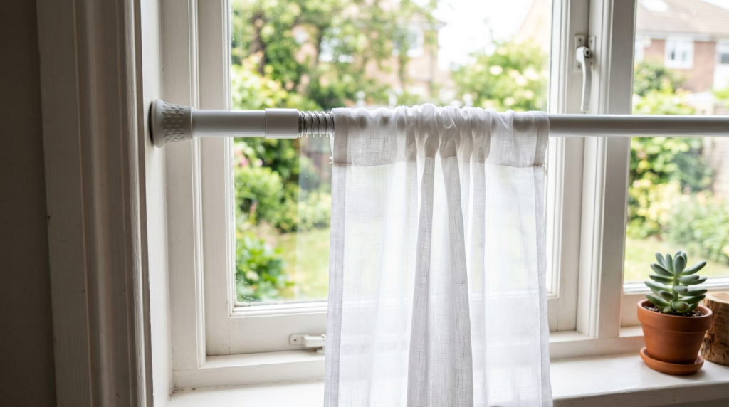 Spring tension curtain rod mounted inside a window recess holding light sheer curtains