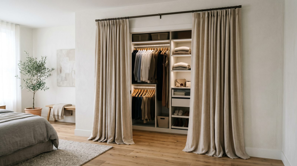 Bedroom closet opening dressed with stylish floor-length curtains instead of bifold doors