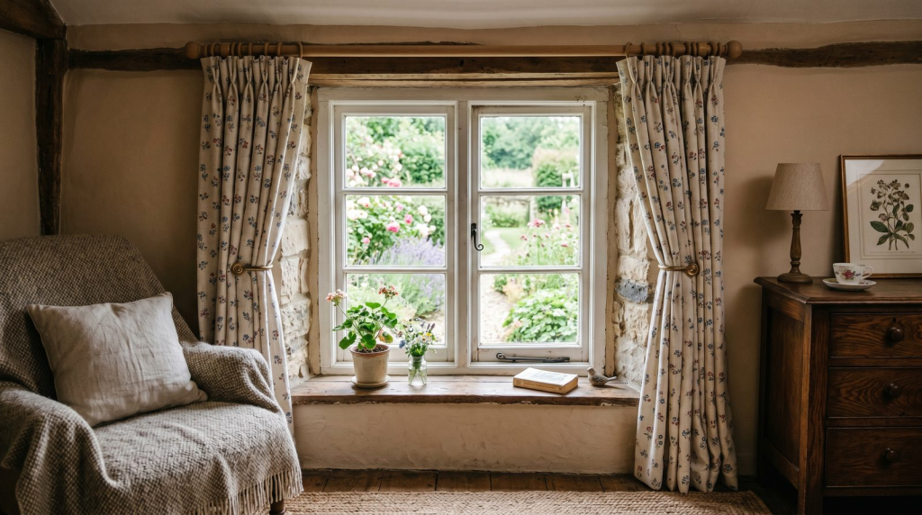 Small cozy room window neatly dressed with proportional curtains in soft daylight