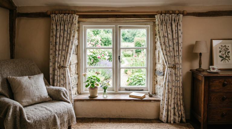 Small cozy room window neatly dressed with proportional curtains in soft daylight