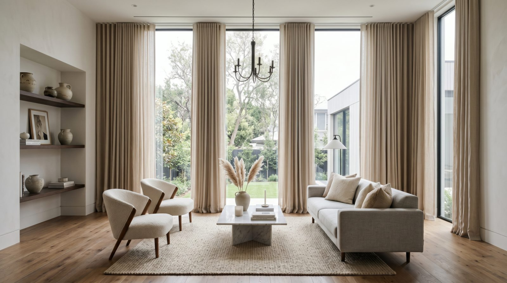 Dramatic floor-to-ceiling curtains framing tall windows in a modern minimalist living room