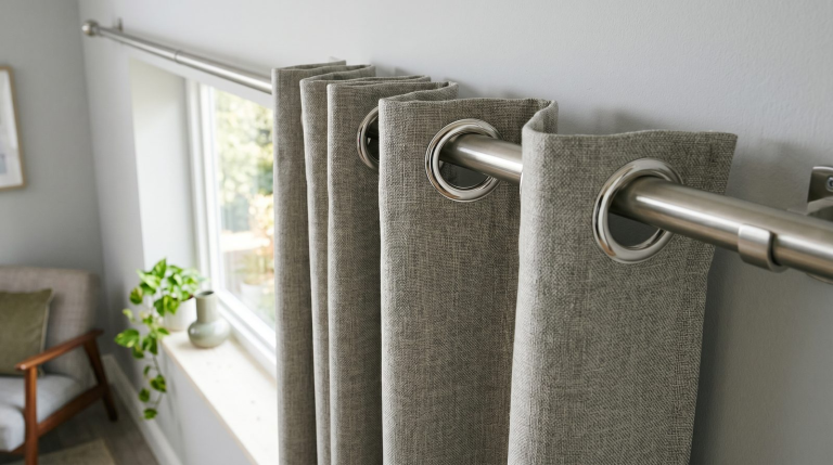 Modern grommet-top curtains with silver metal eyelets sliding along a curtain rod