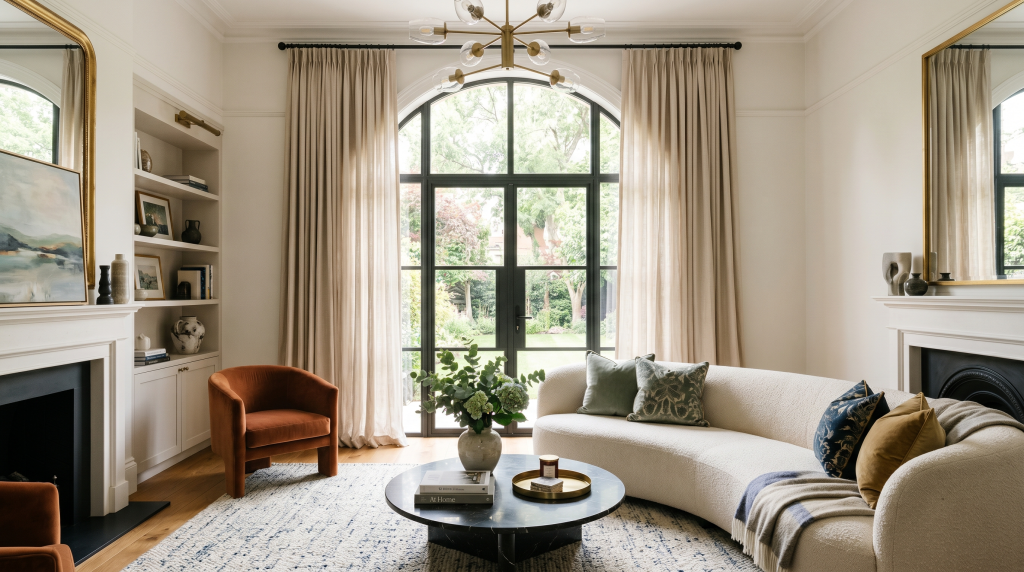 Curtains hung high near the ceiling above a window to make a living room look taller