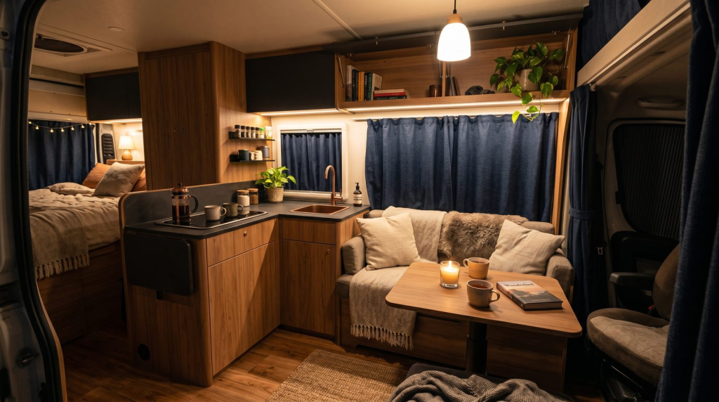 Cozy RV camper interior with stylish blackout curtains drawn over the windows