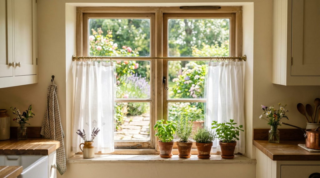 White café-style short curtains on a brass rod in a bright farmhouse kitchen window