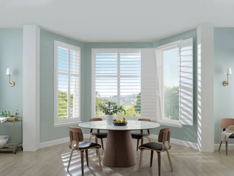 Sheer and zebra shades filtering natural light in a living room
