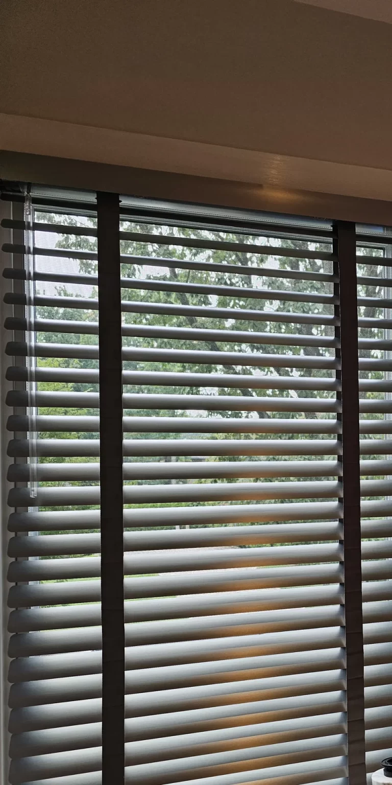 A gray aluminum blind with cloth tape lowered on a tall window, slats angled to let daylight through