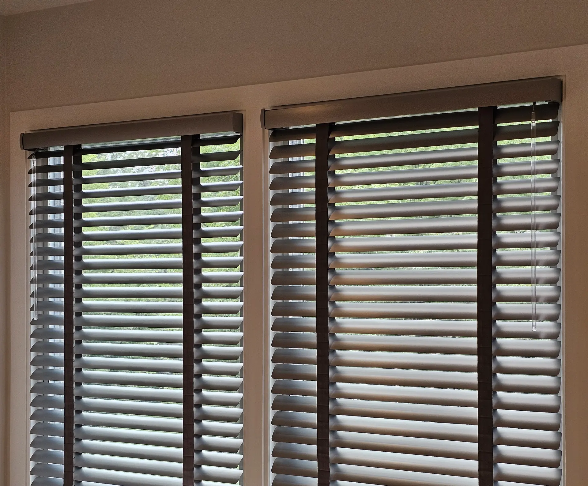 Aluminum blinds with dark cloth ladder tape, slats tilted open, on two side-by-side windows