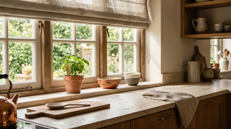 Soft greige roller blinds above a stone worktop in a sunlit kitchen