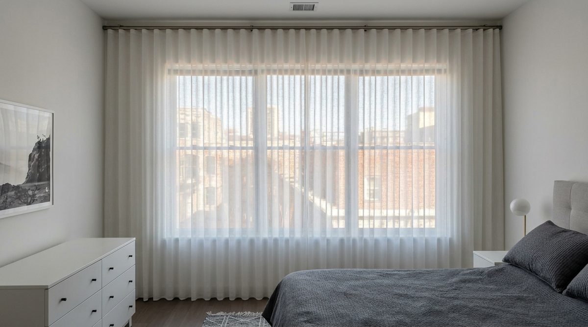 Floor length white sheer curtains drawn across a bedroom window, hanging in regular even soft folds from a slim rod, the folds evenly spaced from one end to the other