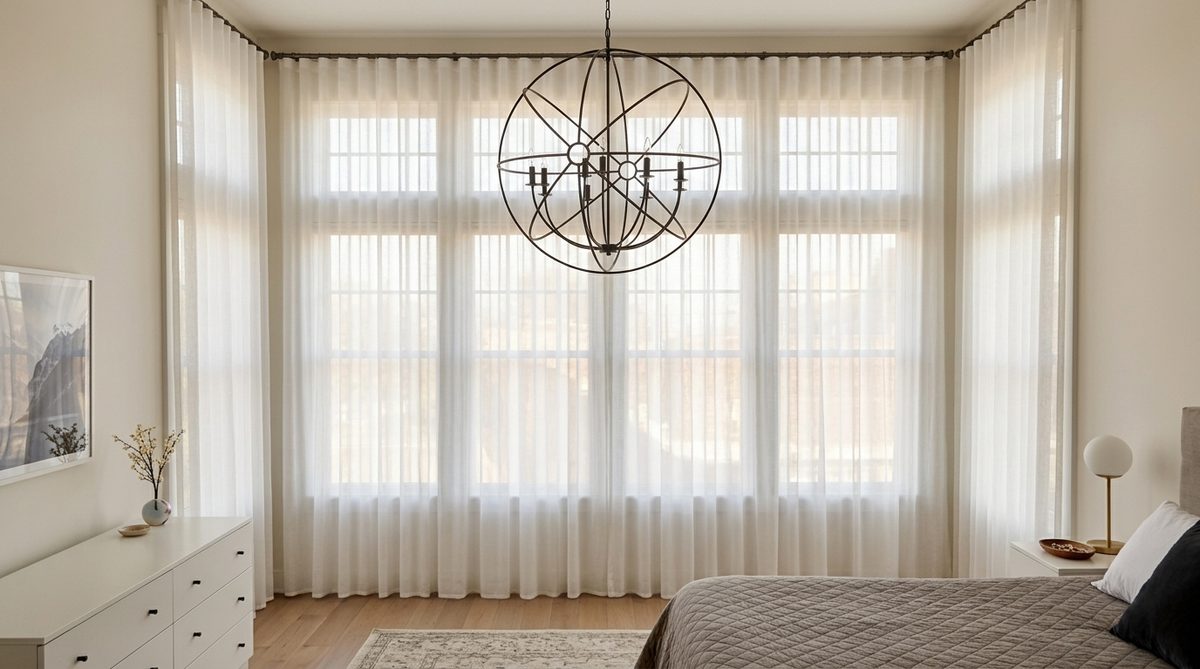 Sheer curtain panels hung at two times fullness across a window, shallow widely spaced soft folds