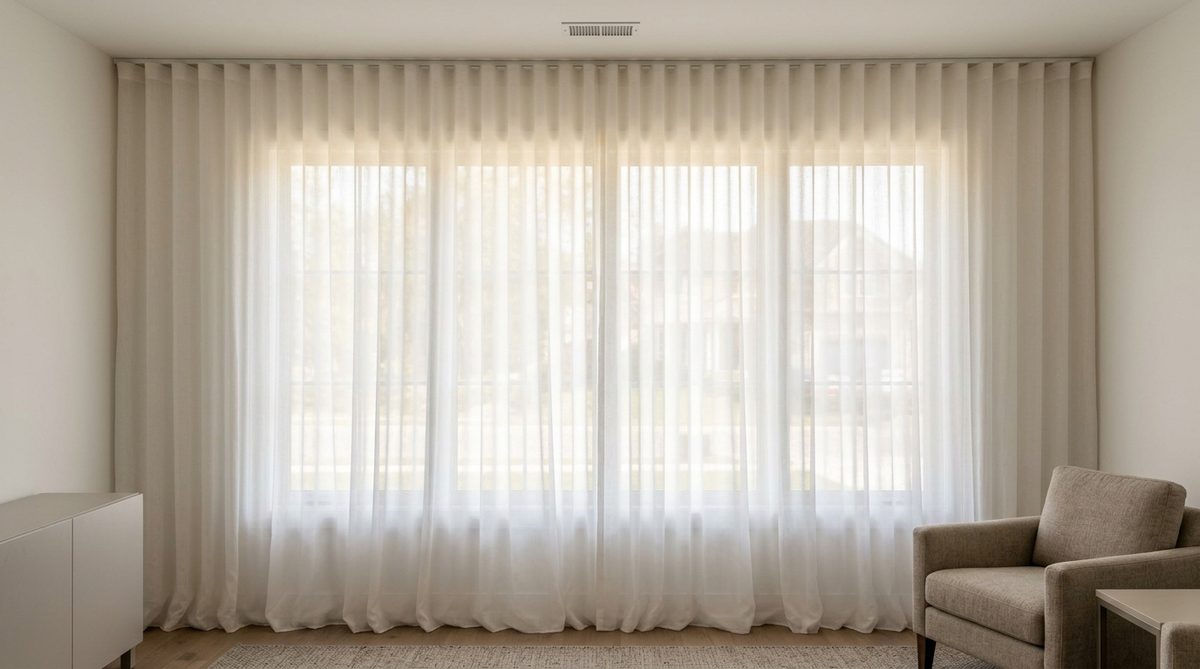 Very full floor length white sheer curtains covering an entire wall of a living room, deep closely spaced soft folds, gentle daylight glowing through the fabric