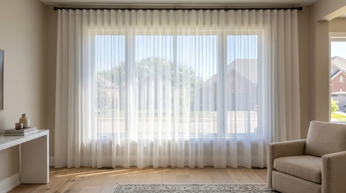 White sheer curtains drawn fully across a bright living room window in daylight, the outside world softly visible through the fabric