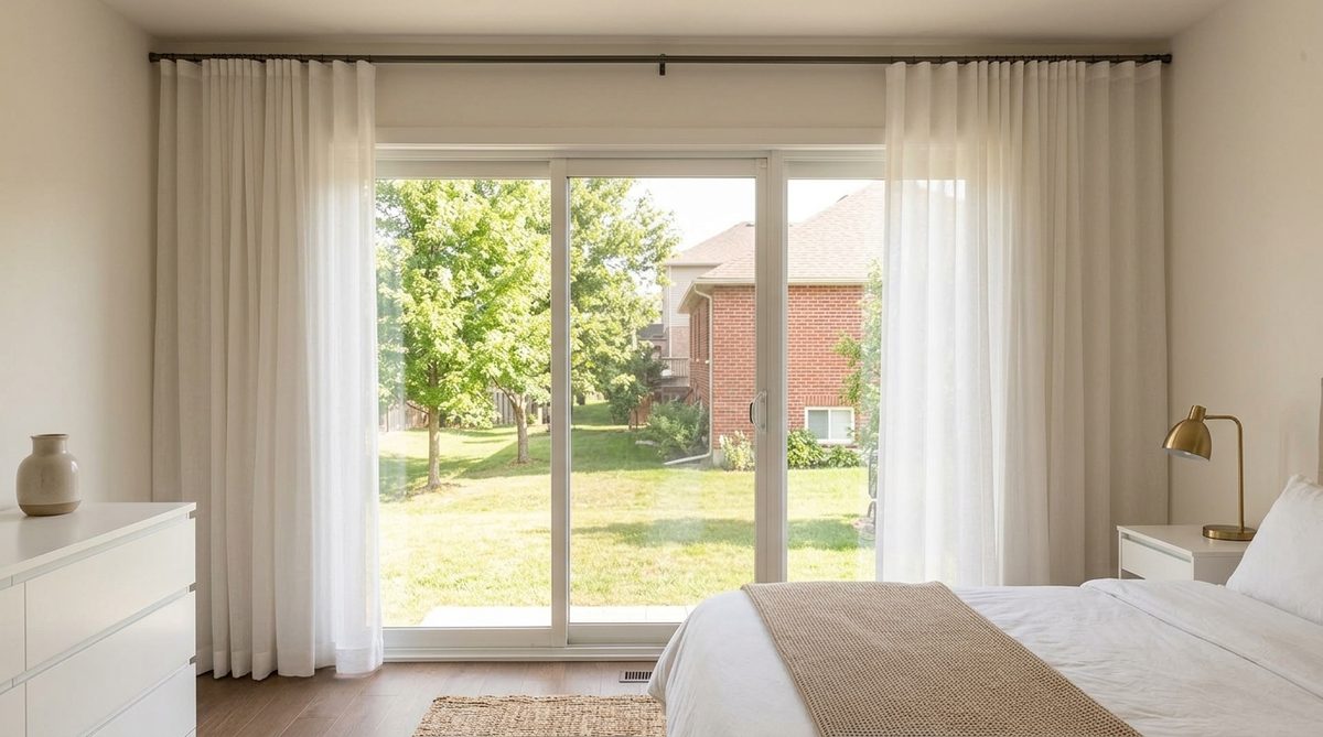 A single wide white sheer panel drawn across a sliding glass door, floor length