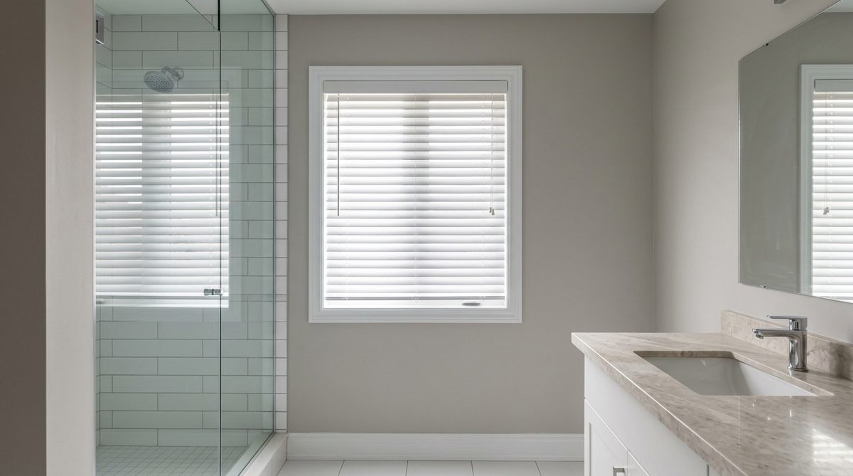 White faux wood blinds on a bathroom window beside a glass shower enclosure, tiled wall, slats tilted partly closed