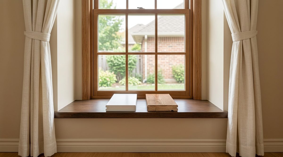 Two blind slat samples resting side by side on a window sill, one smooth painted white composite and one stained timber, still life, no hands