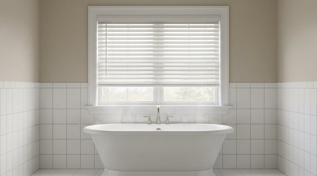 White faux wood blinds on a bathroom window above a freestanding tub, tiled wall, slight steam in the air