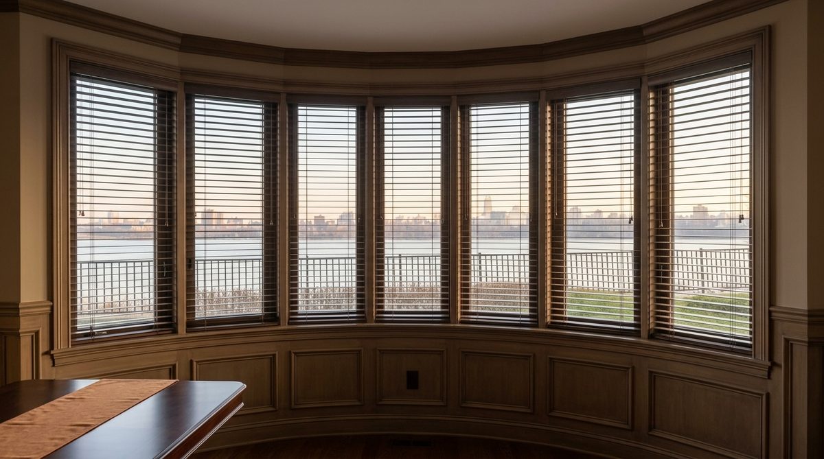 Real stained wood blinds on a wide formal dining room window with panelled walls