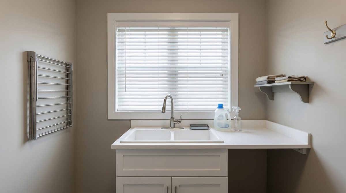 White faux wood blinds on a laundry room window above a utility sink, plain practical room