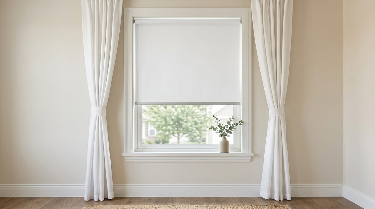 A plain white roller shade lowered two thirds of the way down a bedroom window