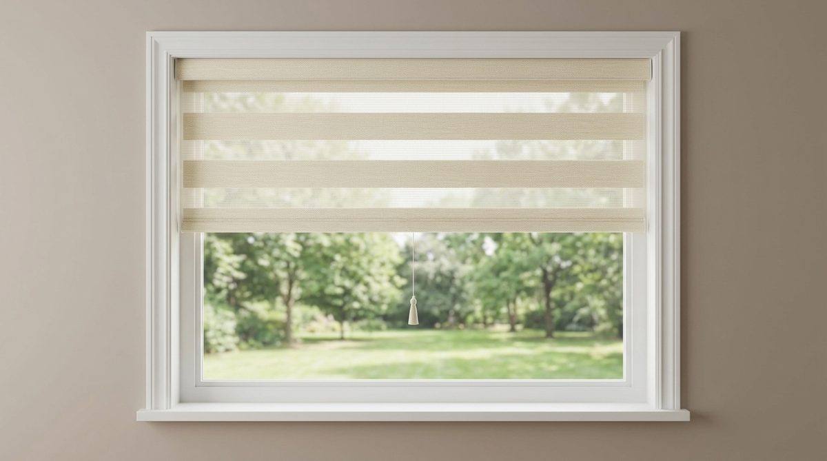 A cream banded zebra shade half raised on a bright living room window, the alternating sheer and solid bands clearly visible