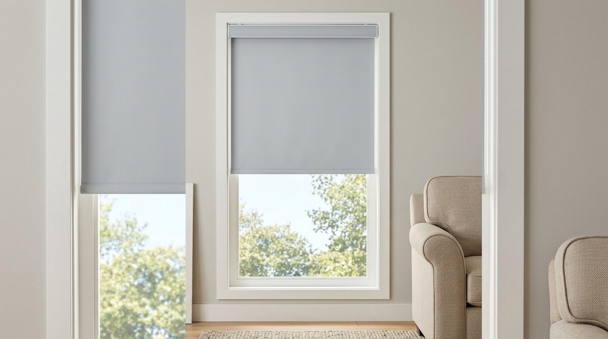 A pale grey roller shade half lowered on a tall living room window, the slim white headrail cassette and roller tube visible along the top of the frame, sofa arm at the edge of the frame