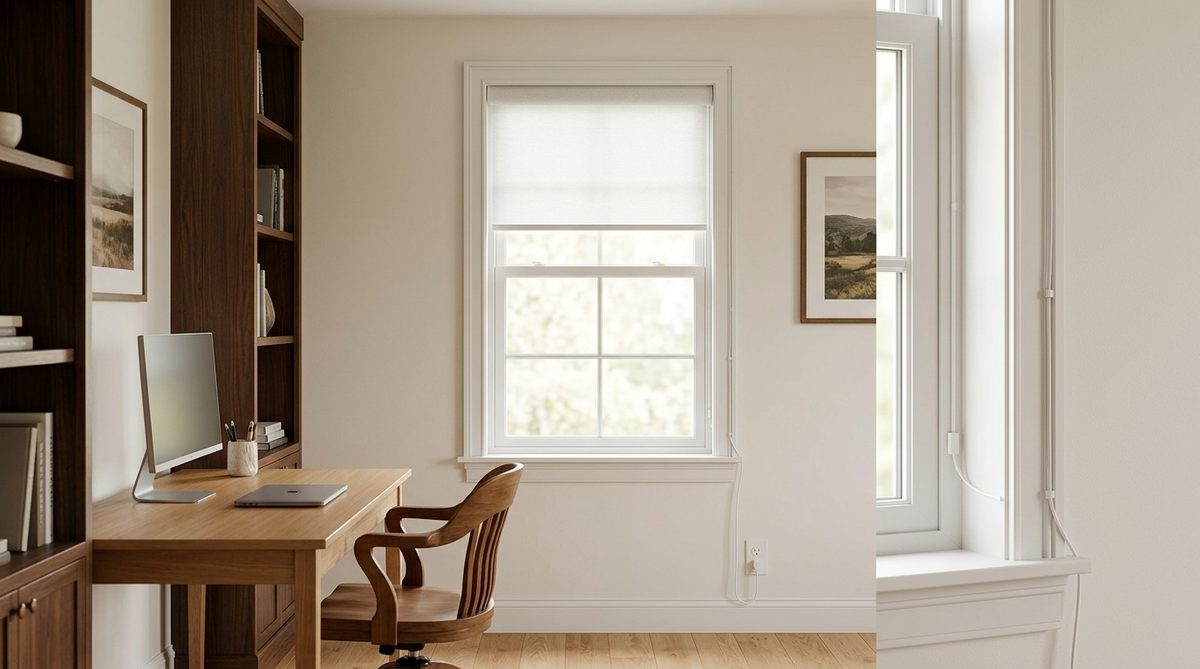 A white roller shade on a home office window with a discreet white power cable running down the window jamb to a wall outlet below