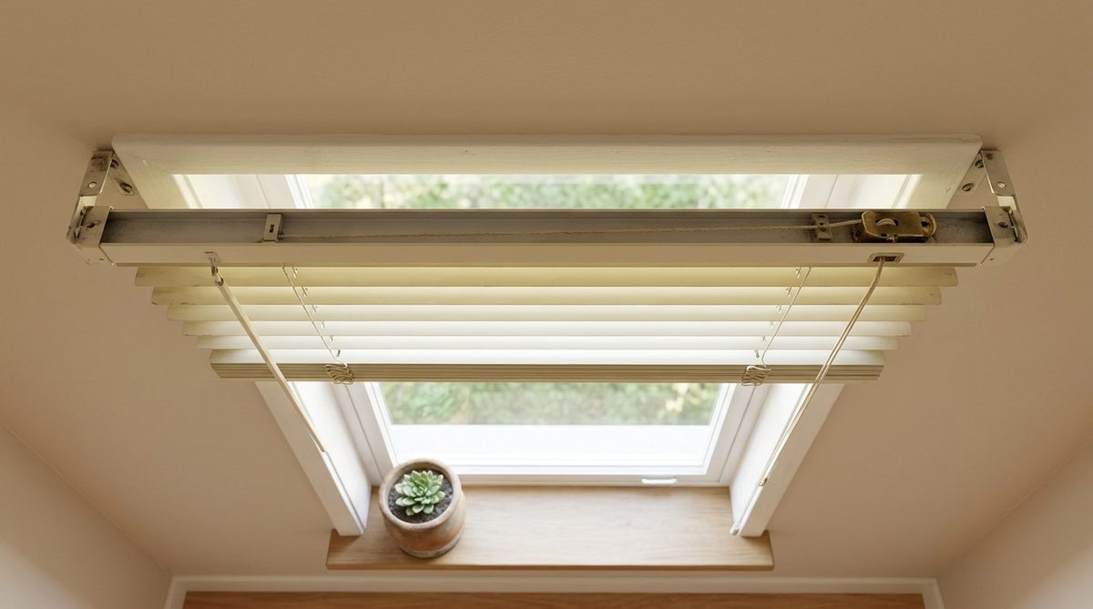 An older white corded horizontal blind seen from below on a plain window, the cord lock and mounting bracket visible on the headrail