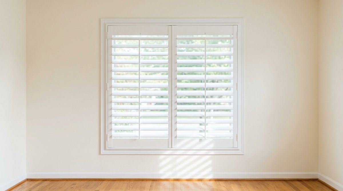 A bright white plantation shutter with wide louvers tilted half open on a square window, hinged frame fixed into the opening