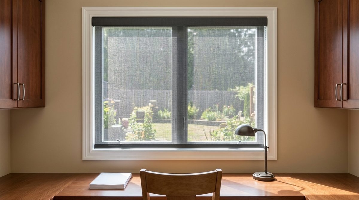 A single dark grey solar screen roller shade lowered flat across a sunlit home office window